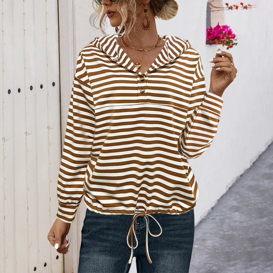 Damen Kapuzensweatshirt mit gestreiftem Design und verstellbarem Bund Heidi-Mode