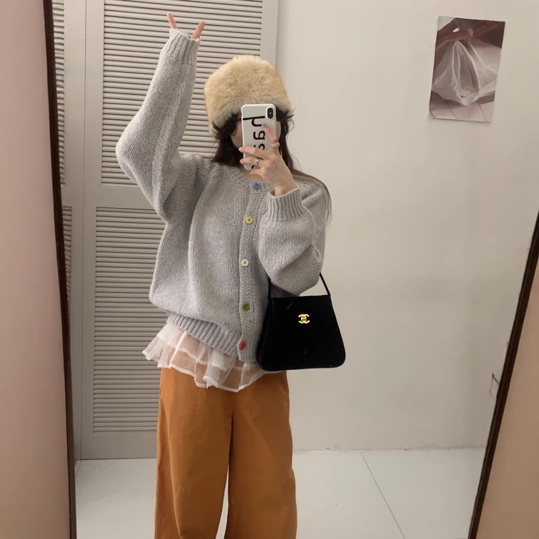 Damen Kuschelige Strickjacke mit bunten Knöpfen und lockerer Passform Heidi-Mode