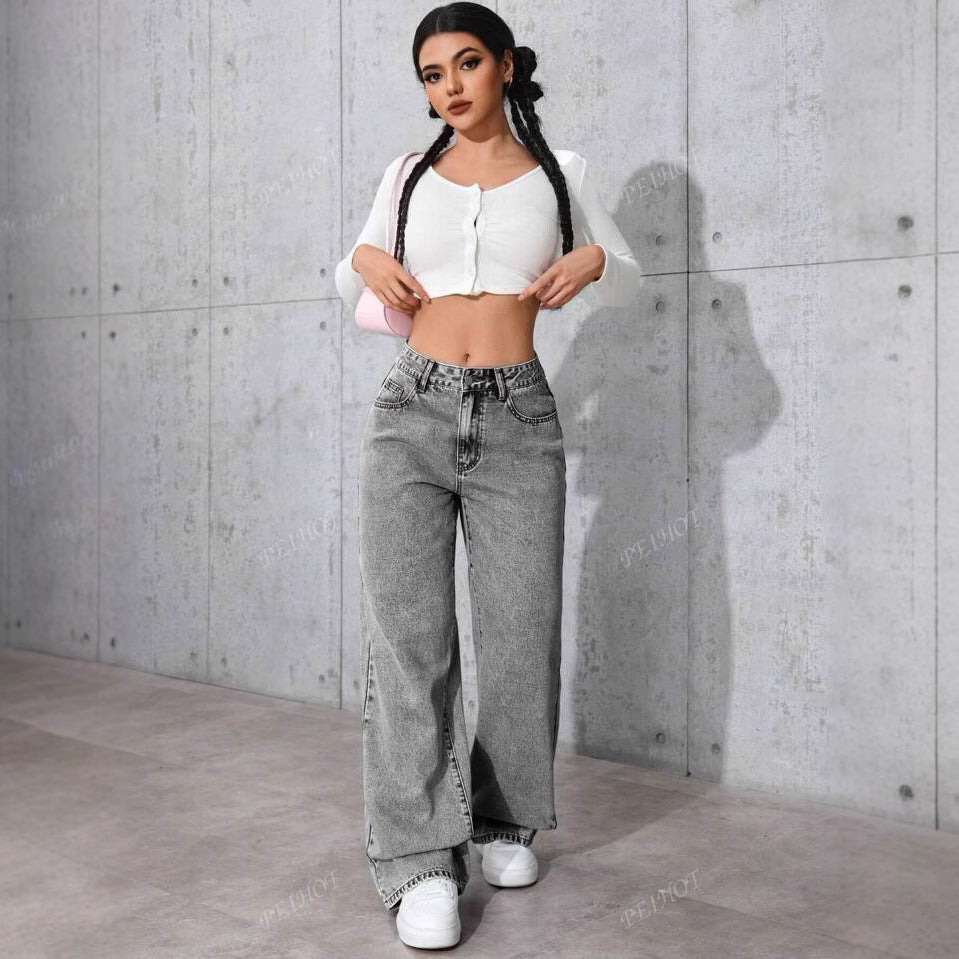 Damen Weit geschnittene Jeans mit kräftigen Kontrastnähten und verspielt gestickten Taschen Heidi-Mode