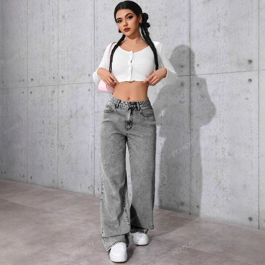 Damen Weit geschnittene Jeans mit kräftigen Kontrastnähten und verspielt gestickten Taschen Heidi-Mode