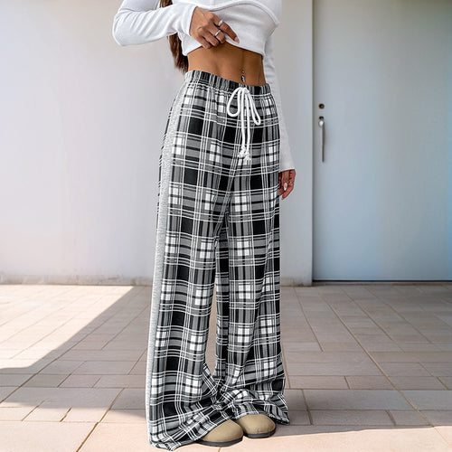 Damen weite Freizeithose mit Karo-Muster und verstellbarem Bund Heidi-Mode