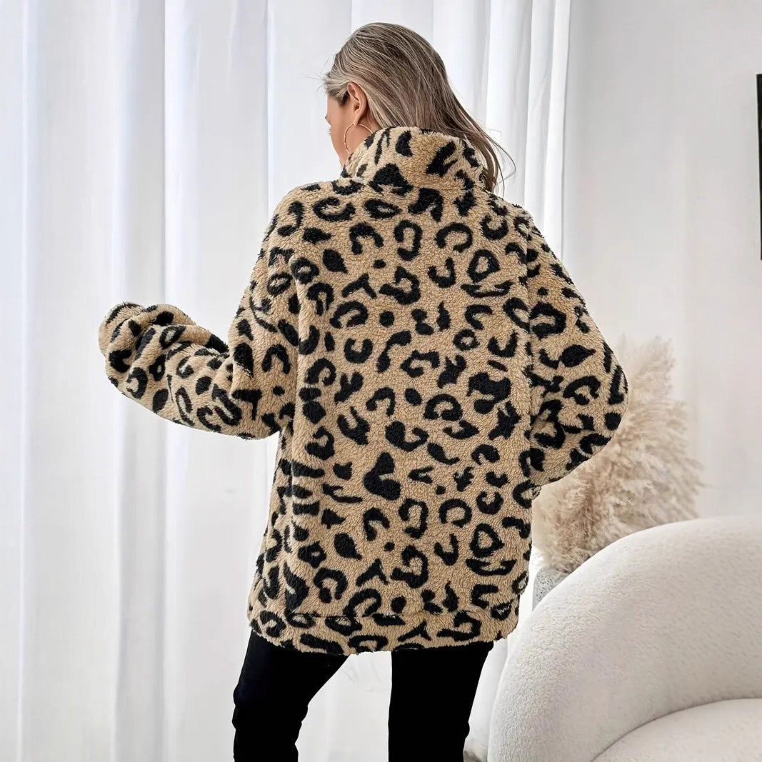 Damen Fleece-Pullover mit stylischem Leopardenmuster Heidi-Mode