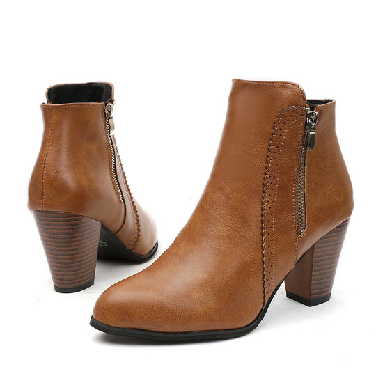 Damen elegante Stiefeletten mit modischem Reißverschluss und komfortablem Blockabsatz Heidi-Mode