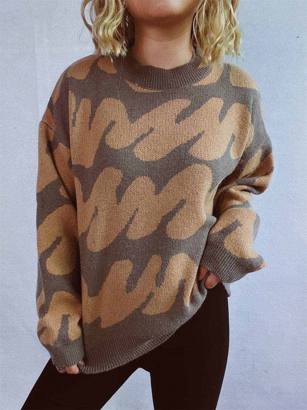 Damen lässiger Pullover mit modernem Farbblockdesign und voluminösen Ärmeln Heidi-Mode
