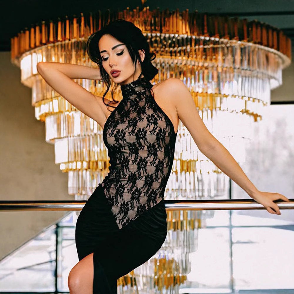 Damen elegantes Transparentes Spitzenkleid mit asymmetrischem Rock Heidi-Mode