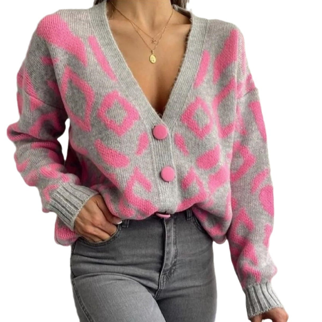 Damen gemütlicher Strickcardigan mit lebhaftem Tiermuster und Knopfdetails Heidi-Mode