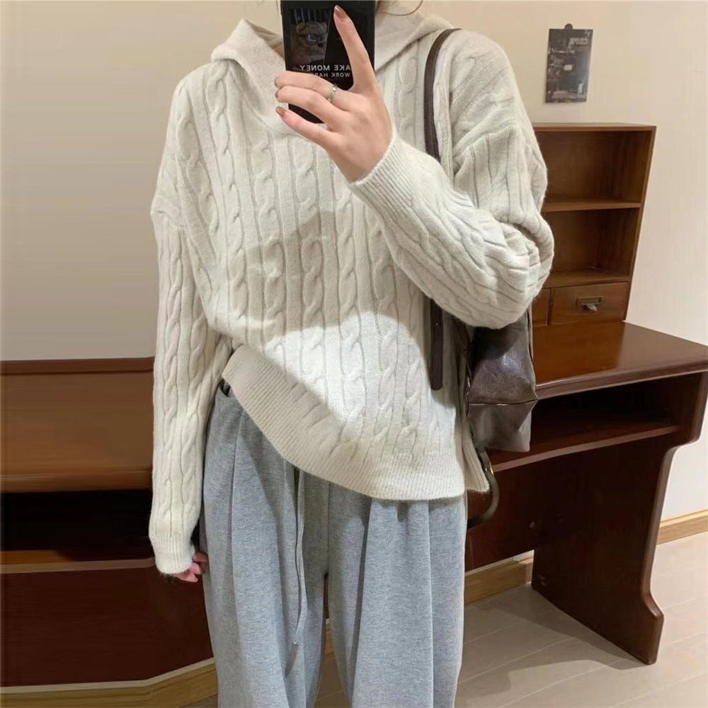 Damen Kuscheliger Strickpullover mit Kapuze und Kabelmuster Heidi-Mode