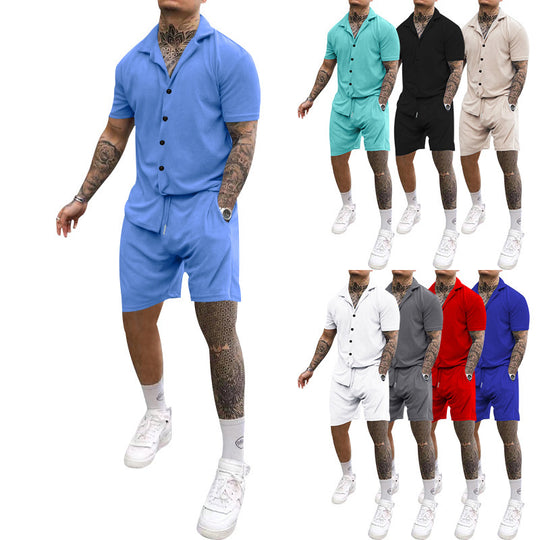 Herren Freizeit-Kurzarm-Set mit Knopfleiste und verstellbarem Kordelzug Heidi-Mode