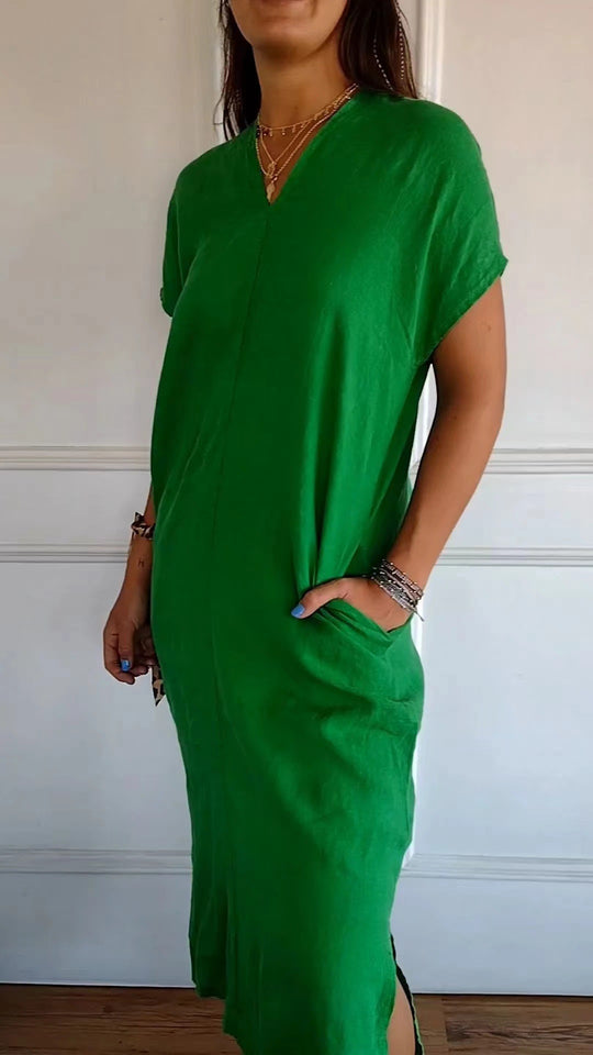 Damen luftiges Leinenkleid mit praktischen Seitentaschen Heidi-Mode