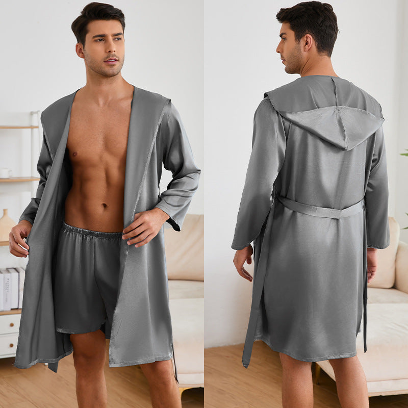 Herren Satin Bademantel mit praktischem Kapuzen-Design Heidi-Mode