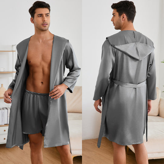 Herren Satin Bademantel mit praktischem Kapuzen-Design Heidi-Mode