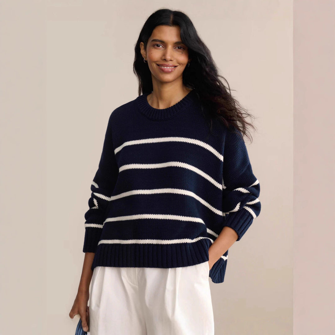 Damen gestrickter Pullover mit breitem Streifenmuster und lässigem Schnitt Heidi-Mode
