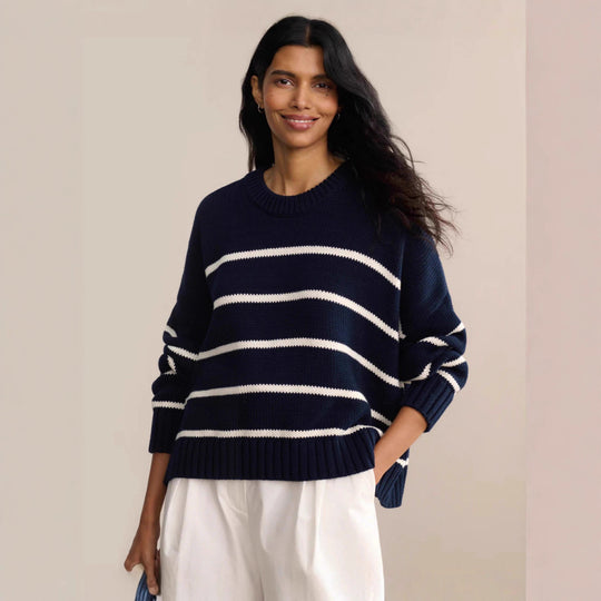Damen gestrickter Pullover mit breitem Streifenmuster und lässigem Schnitt Heidi-Mode