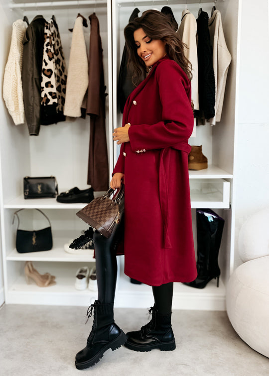 Damen eleganter Mantel mit Taillengürtel und doppelter Knopfblende Heidi-Mode