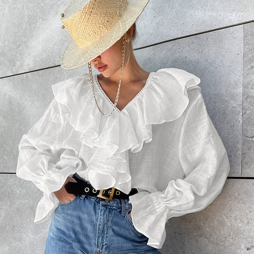Damen Bluse mit voluminösen Rüschendetails und schickem V-Ausschnitt Heidi-Mode