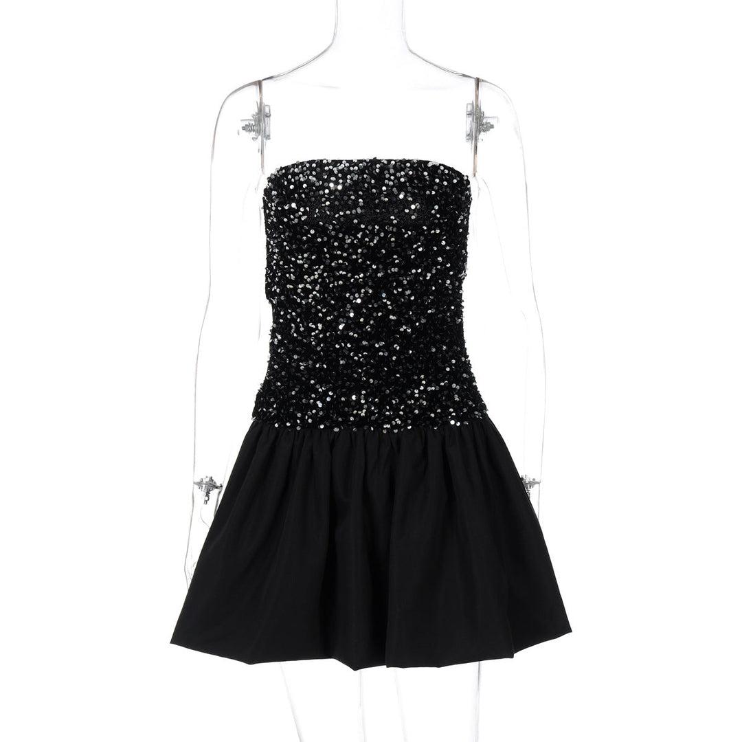 Heidi-Mode | Damenbekleidung Frühling Sexy Off The Shoulder Röhrenoberteil Kurzes Paillettenkleid Damen