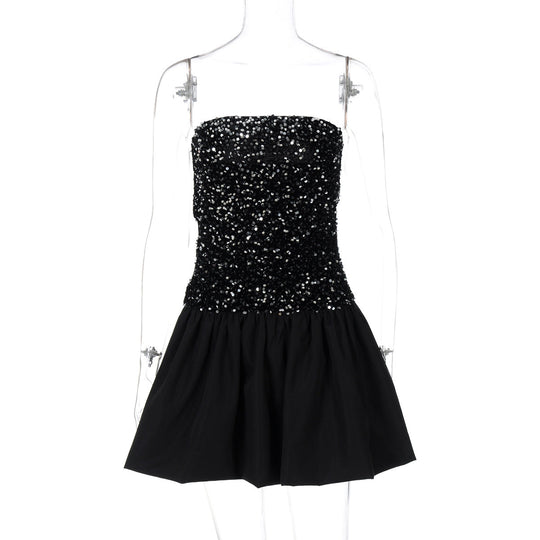 Heidi-Mode | Damenbekleidung Frühling Sexy Off The Shoulder Röhrenoberteil Kurzes Paillettenkleid Damen