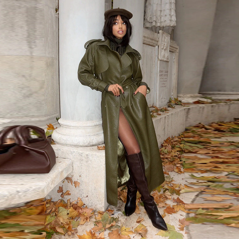 Damen Kunstleder Trenchcoat mit Oberteil und Taillengürtel Heidi-Mode