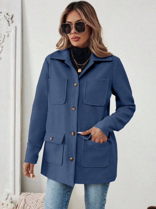 Damen Modische Utility-Jacke mit großen Taschen und goldenem Druck Heidi-Mode