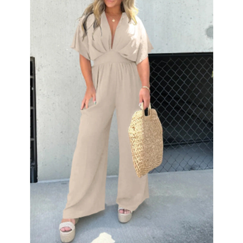 Damen eleganter Overall mit weitem Bein und tiefem V-Ausschnitt Heidi-Mode