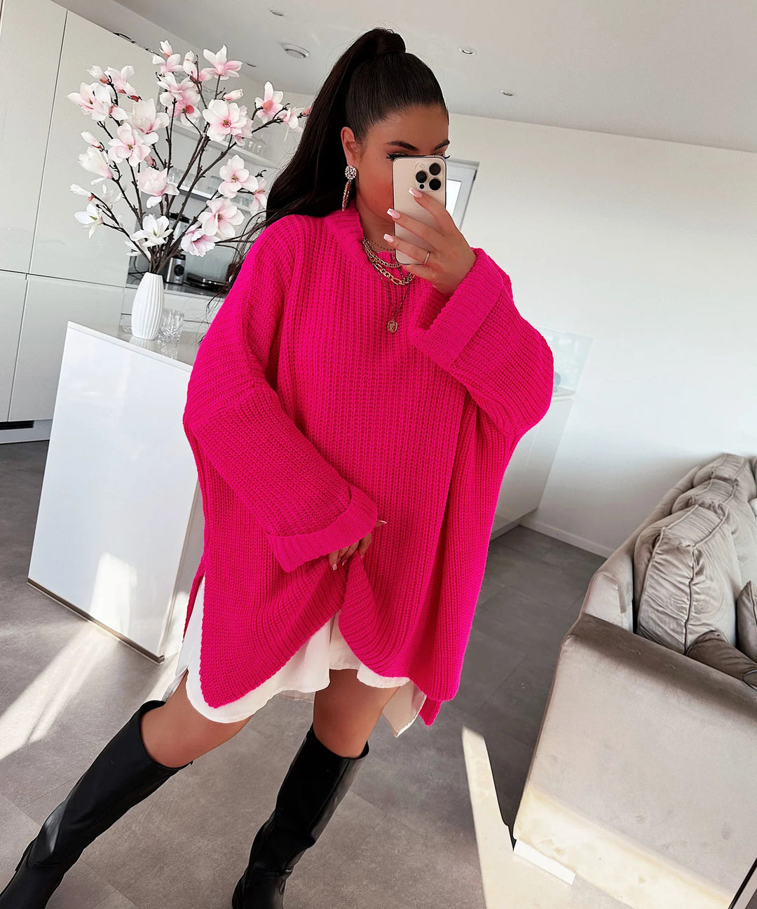 Damen grob gestrickter Oversize-Pullover mit V-Ausschnitt und lässigem Schnitt Heidi-Mode