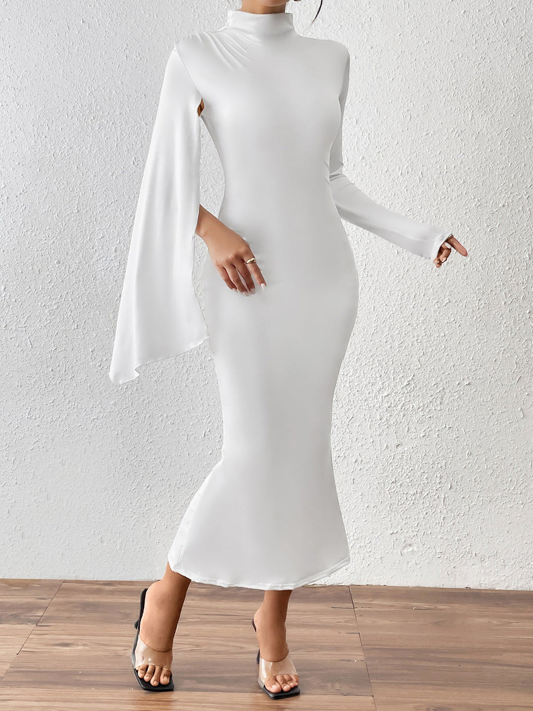Heidi-Mode | Damen Kleid Langärmlig Rückenausschnitt Einfarbig Kappenärmel Fishtail Slim Fit Overall