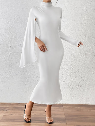 Heidi-Mode | Damen Kleid Langärmlig Rückenausschnitt Einfarbig Kappenärmel Fishtail Slim Fit Overall