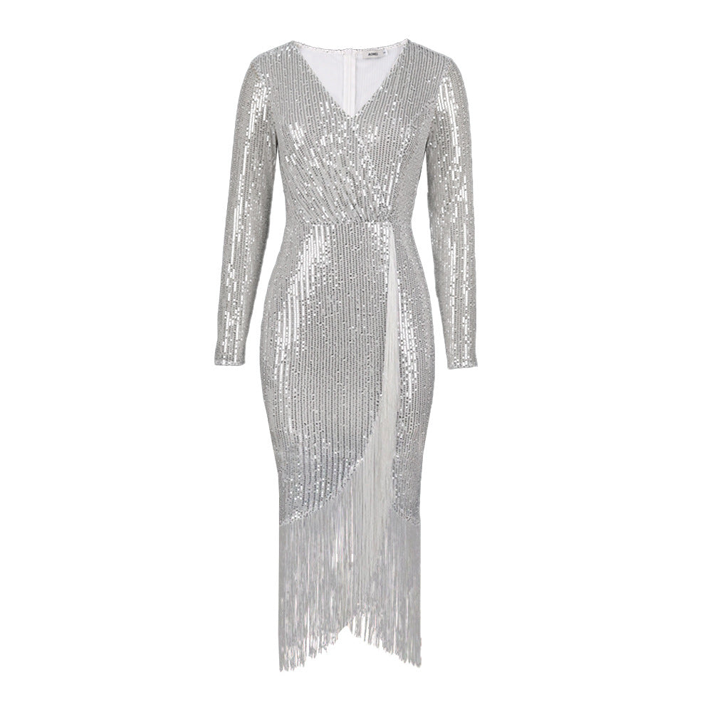 Damen Abendkleid mit glitzerndem Paillettenbesatz und fransierenden Akzenten Heidi-Mode