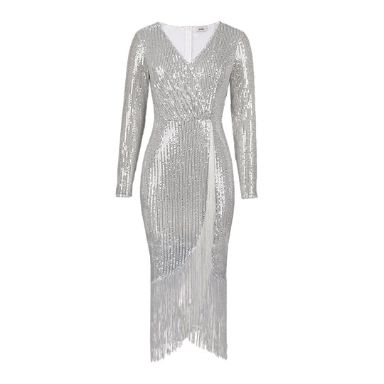 Damen Abendkleid mit glitzerndem Paillettenbesatz und fransierenden Akzenten Heidi-Mode