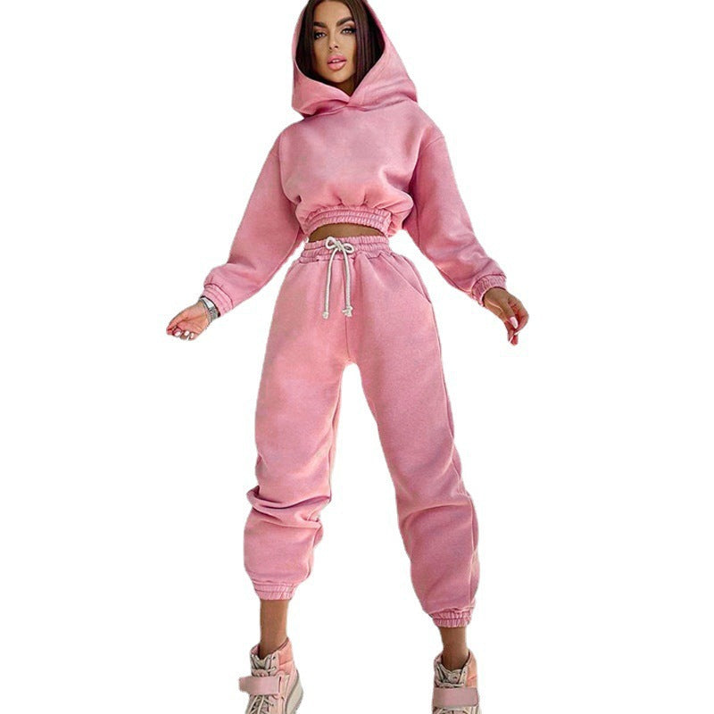 Damen lässiges Sportset mit cropped Hoodie und elastischer Hose Heidi-Mode