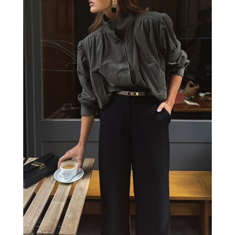 Damen elegante Jacke mit strukturierten Puffärmeln und Knopfdetail Heidi-Mode