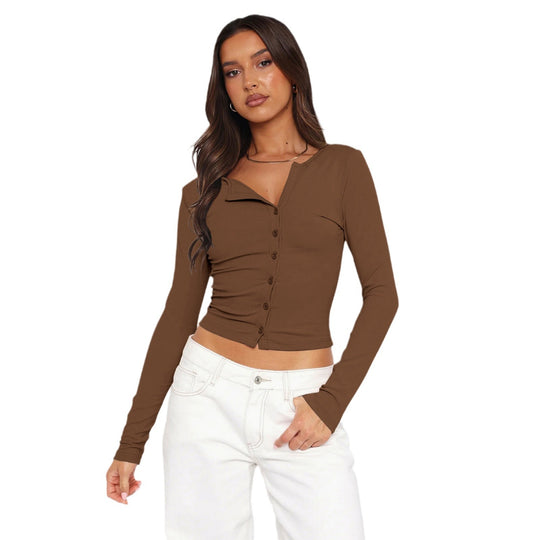 Damen figurbetontes Langarmshirt mit Knopfleiste Heidi-Mode