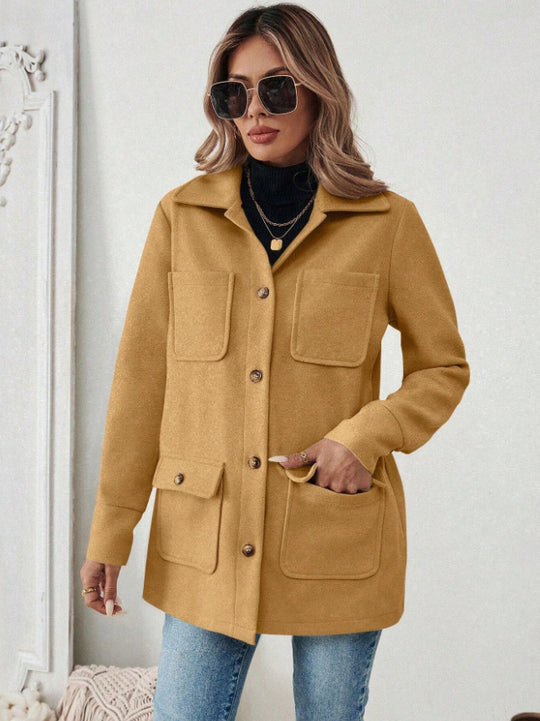 Damen Modische Utility-Jacke mit großen Taschen und goldenem Druck Heidi-Mode