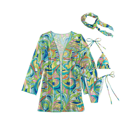 Damen Bikiniset mit leichtem, transparentem Kimono und verspieltem Muster Heidi-Mode
