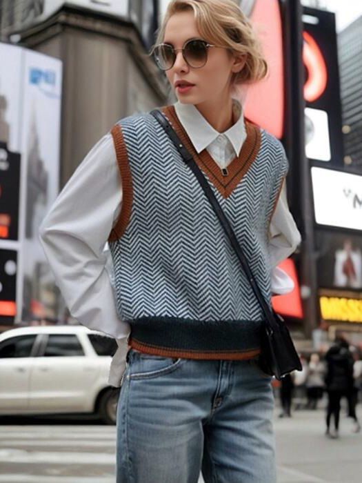 Damen Strickpullover mit V-Ausschnitt und modernem Zickzackmuster Heidi-Mode