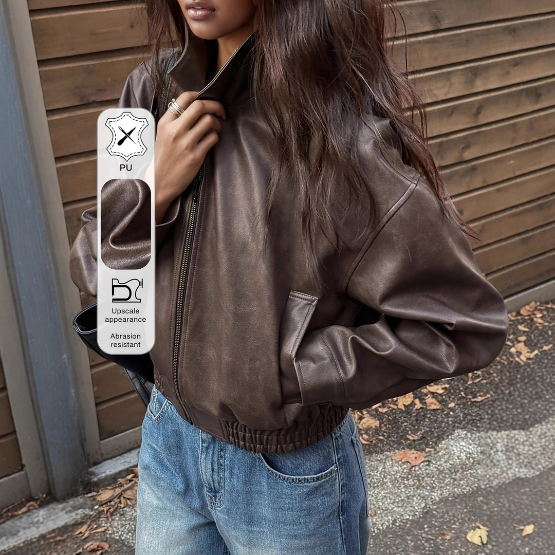 Damen Oversize Kunstlederjacke im modernen Look mit praktischem Reißverschluss und elastischem Bund Heidi-Mode