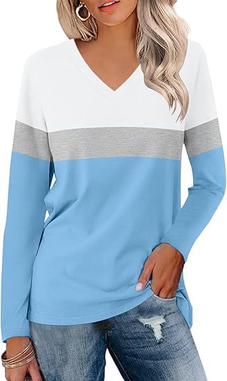Damen Langarmshirt mit V-Ausschnitt und modernen Farbblöcken Heidi-Mode