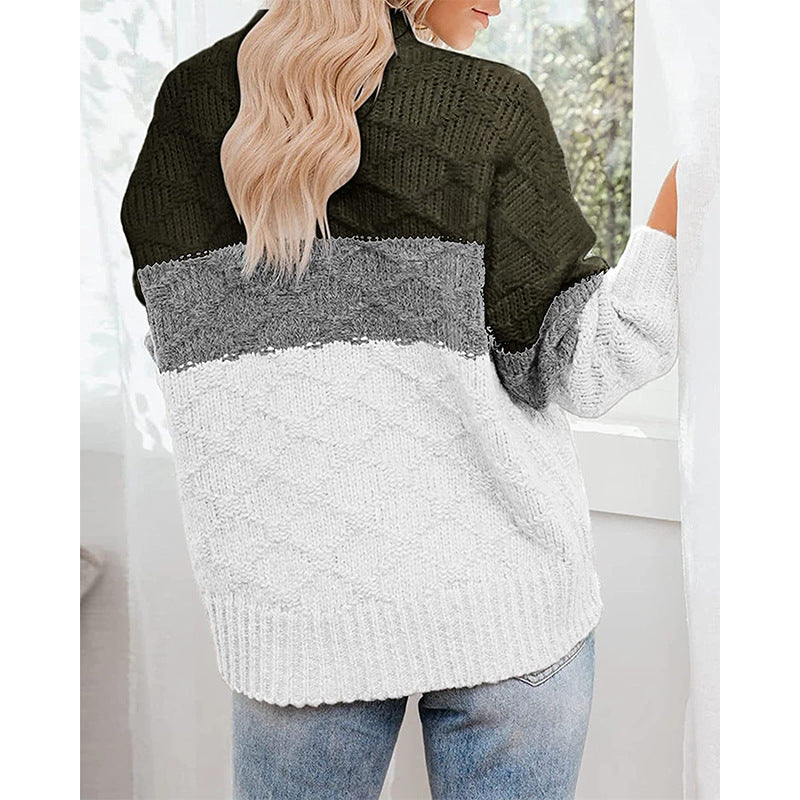 Damen farbenfroher Strickpullover mit strukturiertem Muster und hohem Kragen Heidi-Mode