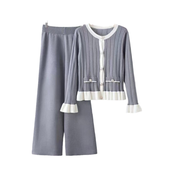 Damen elegantes Strick-Loungewear-Set mit aufgesetzten Taschen und Rüschen Heidi-Mode