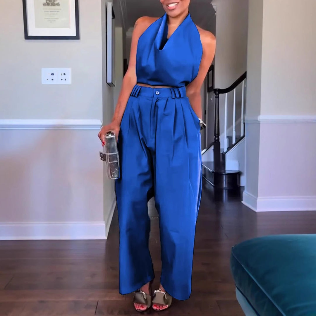 Damen Halterneck Satin Overall mit taillierten Hosen Heidi-Mode