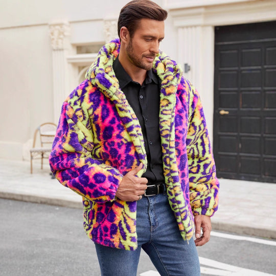 Herren Plüschjacke mit auffälligem Tierprint und Kapuze Heidi-Mode