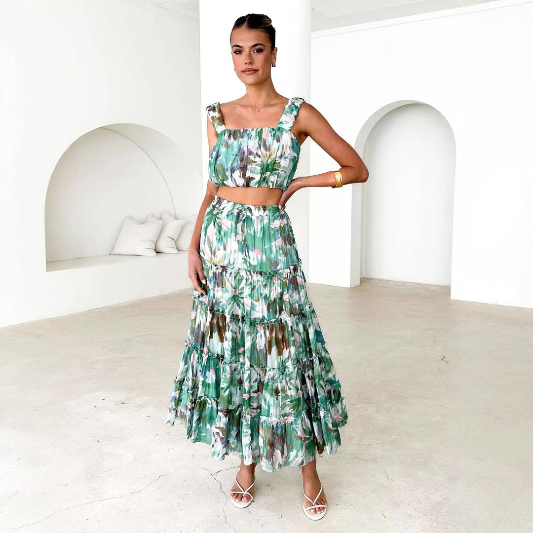 Damen Drei-Teiler Set mit Crop-Top, Maxirock und floralen Mustern Heidi-Mode