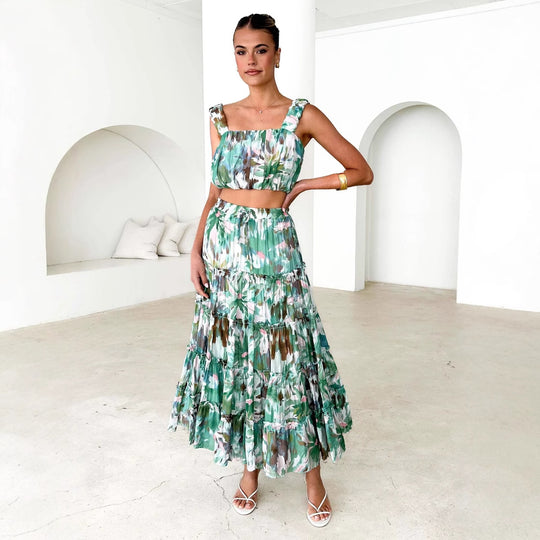 Damen Drei-Teiler Set mit Crop-Top, Maxirock und floralen Mustern Heidi-Mode