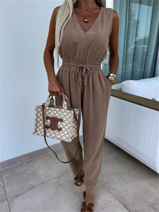 Damen eleganter Jumpsuit mit Taillenkordel und weitem Bein Heidi-Mode