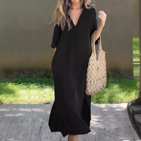 Damen Maxi-Kleid mit V-Ausschnitt und lässigem Schnitt Heidi-Mode