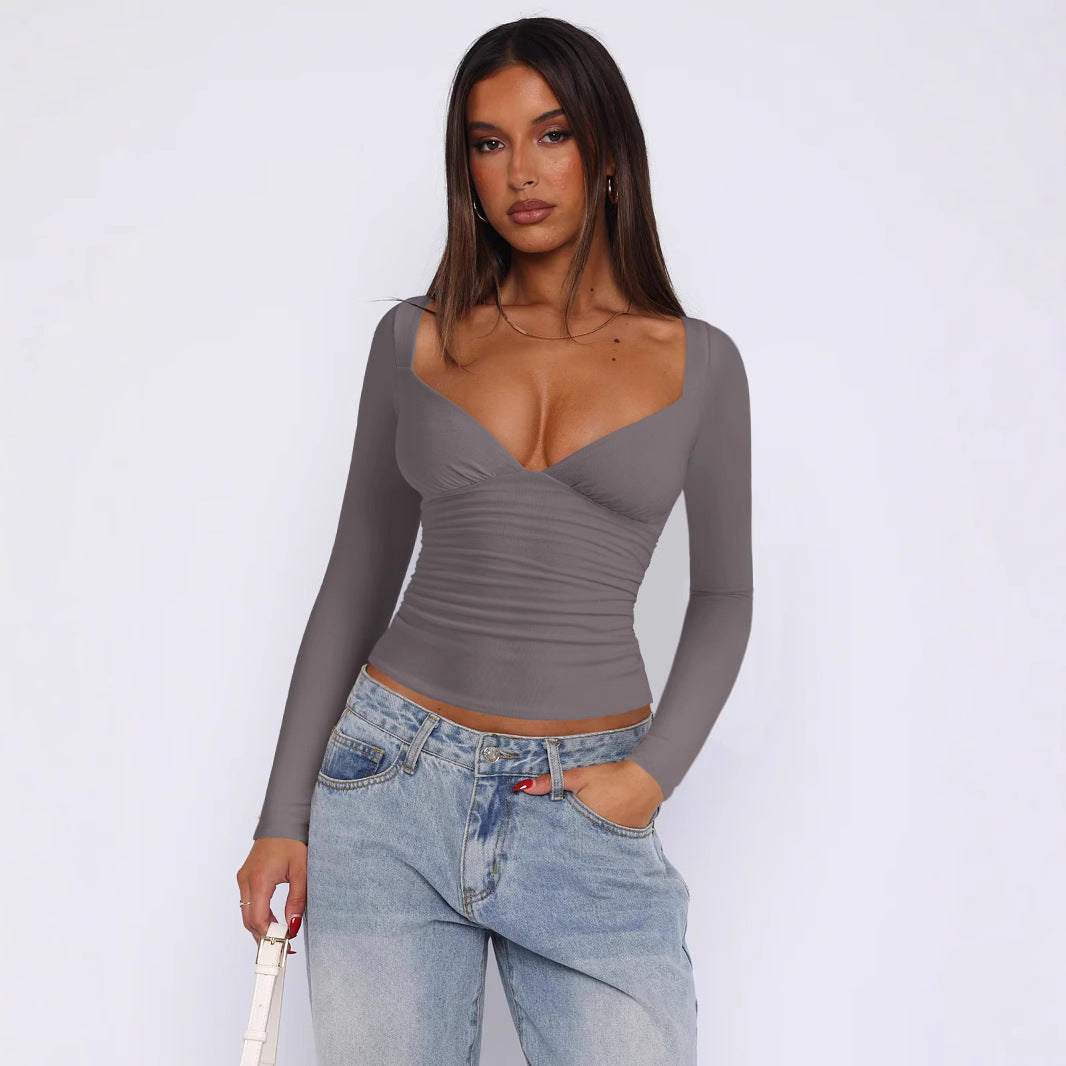 Damen figurbetontes Langarmoberteil mit V-Ausschnitt und Raffungen Heidi-Mode