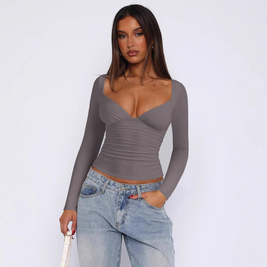 Damen figurbetontes Langarmoberteil mit V-Ausschnitt und Raffungen Heidi-Mode