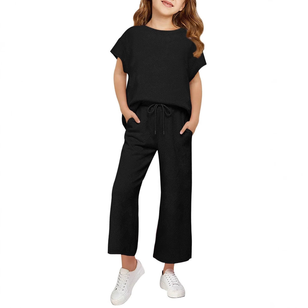 Damen lässiges Kurzarm-Oberteil und weit geschnittene Lounge-Hose Set Heidi-Mode