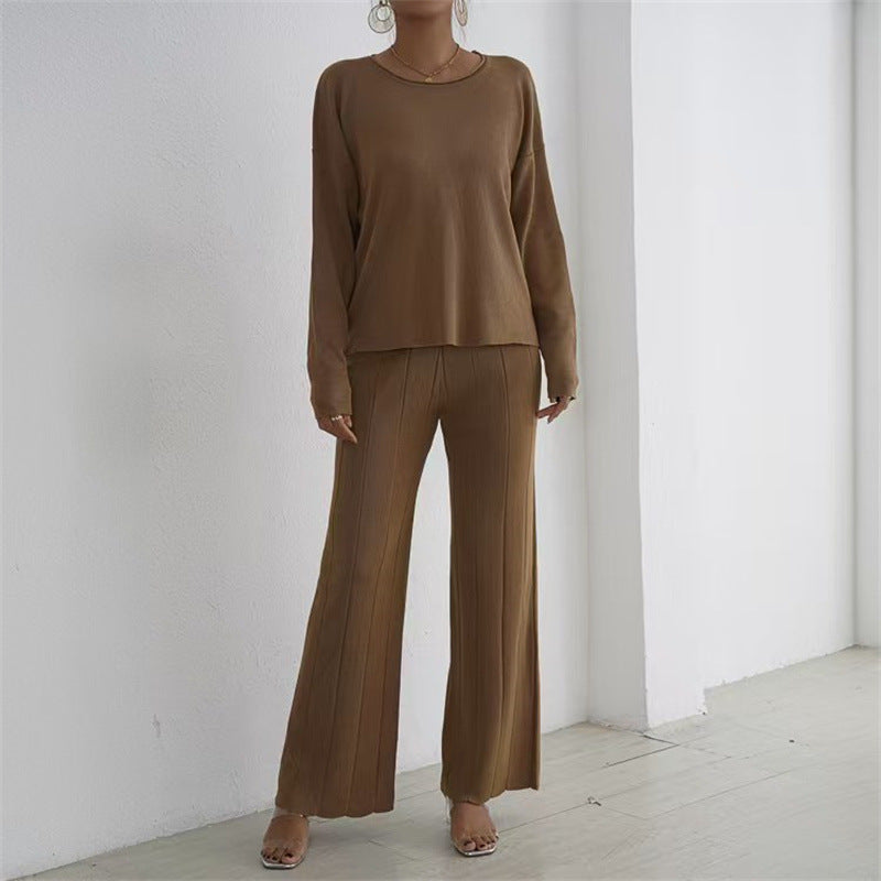 Damen lässiges und elegantes Strick-Loungewear-Set mit weitem Bein und feinen Rippenstrukturen Heidi-Mode