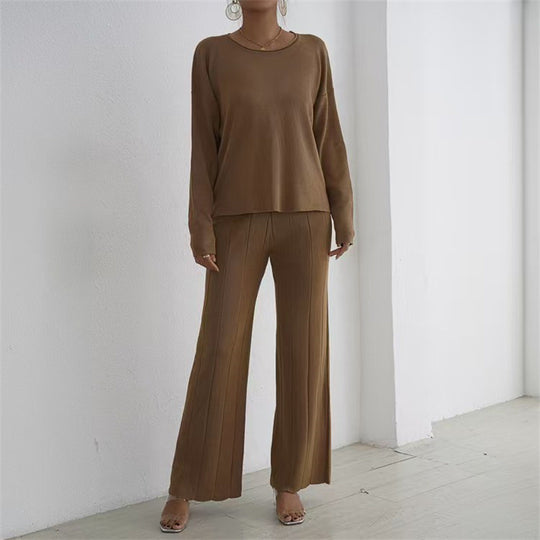 Damen lässiges und elegantes Strick-Loungewear-Set mit weitem Bein und feinen Rippenstrukturen Heidi-Mode